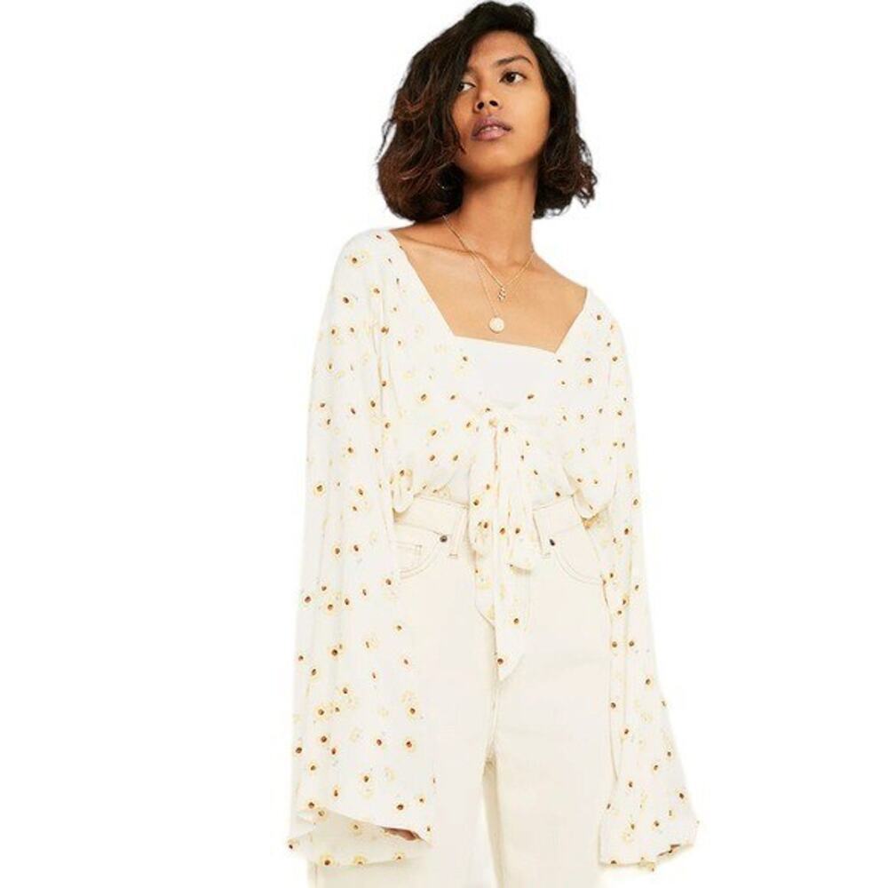 Free People - Forties Feels Cream Printed Sunflower Bodysuit Blouse Sz S